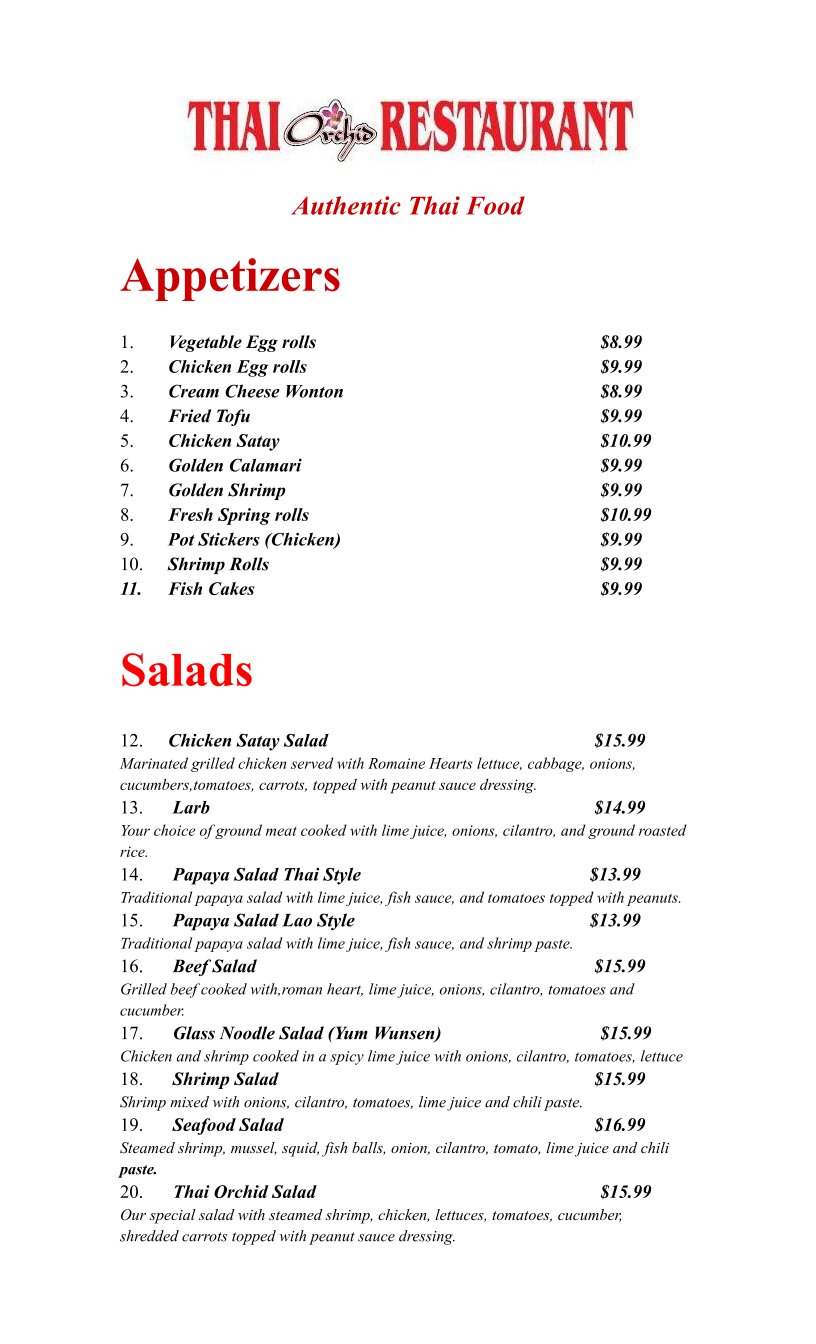 Thai menu with curries, noodles, and fried rice.